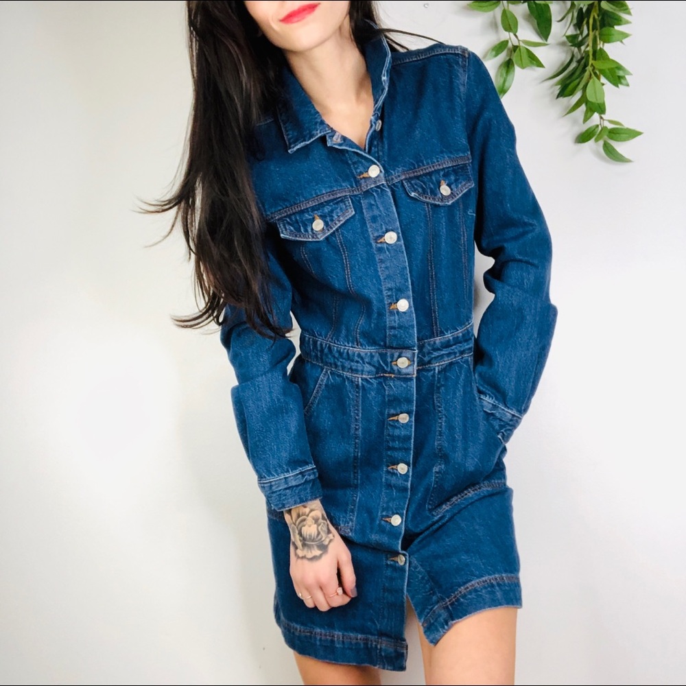 Topshop Moto Button Front Long Sleeve Denim Dress